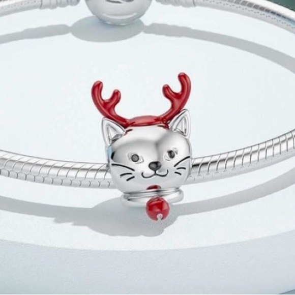 Christmas Cat charm for Pandora bracelet slide charm sterling silver - Picture 1 of 4